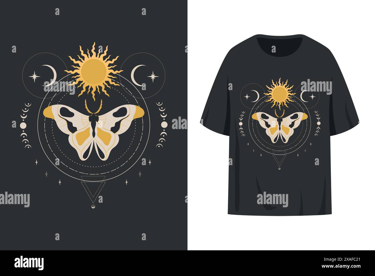 T-Shirt-Muster mit himmlischem Schmetterlingsmonarch. Dekoriert mit Sonne, Halbmond und geometrischen Formen. Vektorabbildung Stock Vektor