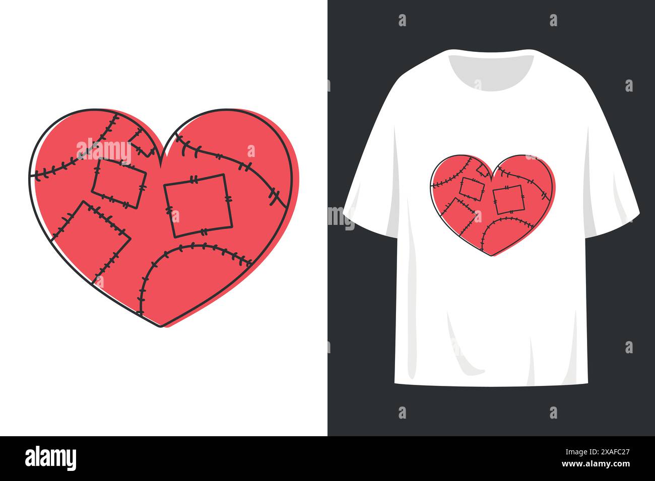 T-Shirt-Print mit genähtem Herzlogo. Herz mit Patches. Vektorabbildung Stock Vektor