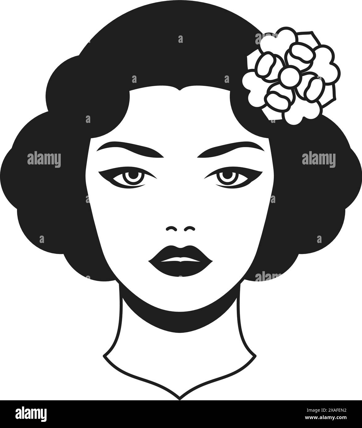 Y2K Portrait schöne Retro Frau mit Blume im Haar monochrome Linie groovy Icon Vektor Illustration. Schönheit weibliches Gesicht Kopf mit Blüte Blume mi Stock Vektor