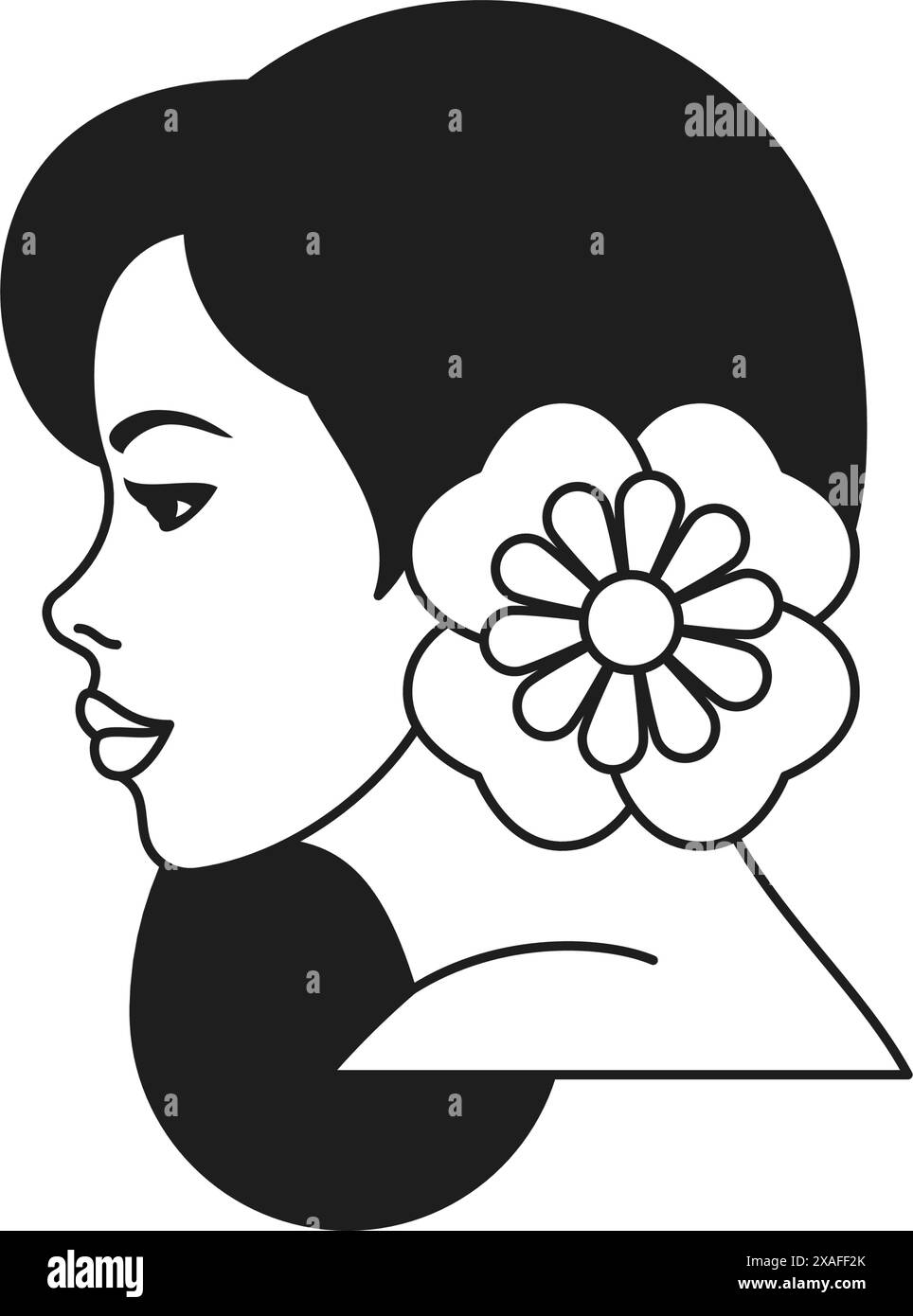 Y2K schöne Frau mit Blume im Haarprofil monochrome Linie Retro groovy Icon Vektor Illustration. Schönes Frauenporträt mit Blumenblütenhaaren Stock Vektor