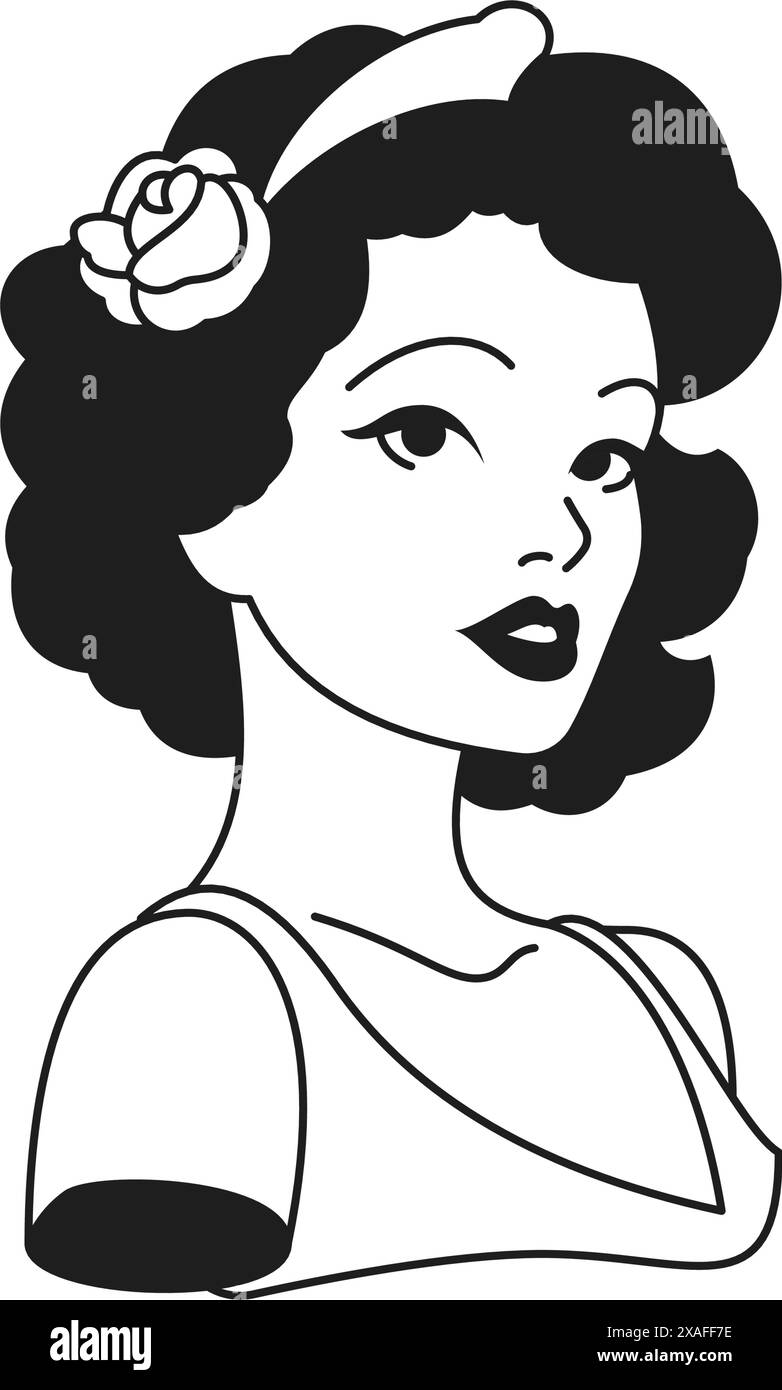 Y2K schöne Retro-Frau mit Rosenblume im Haar Büste monochrome Linie groovy Icon Vektor Illustration. Schönheit Frau mit Blüte Blumenporträt Co Stock Vektor