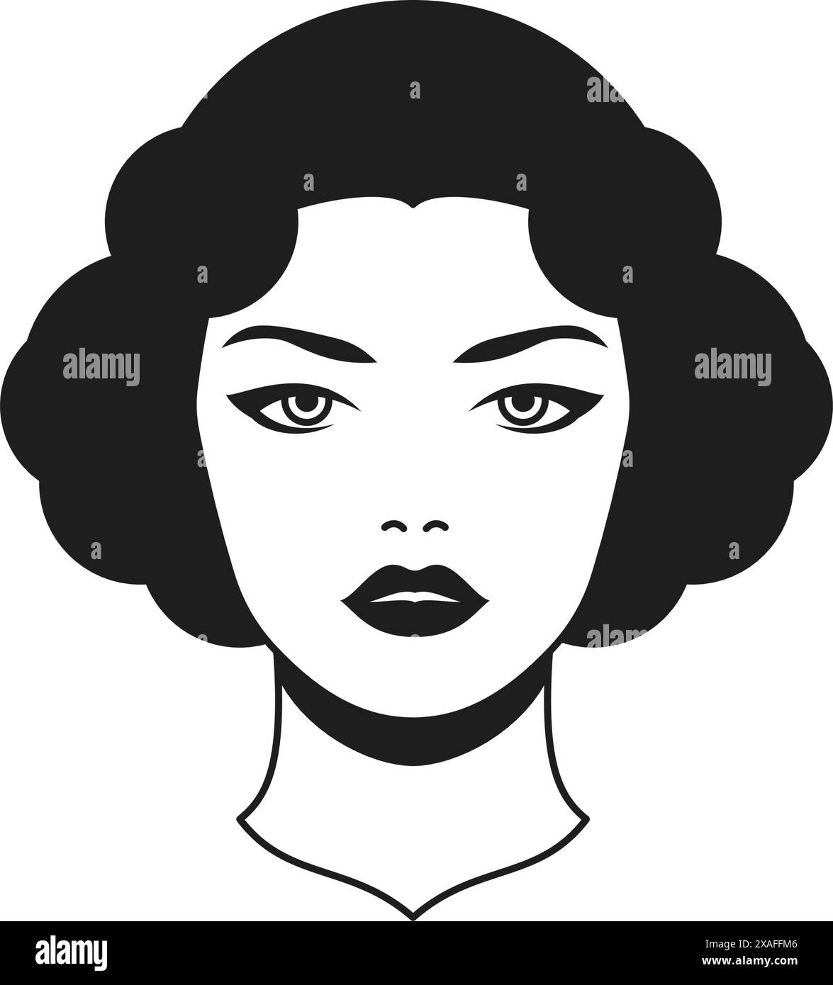 Y2K schöne Frau Portrait Mode Cartoon Charakter monochrome Linie Retro groovy Icon Vektor Illustration. Schönheit weibliches Gesicht mit Haar Vogue Minim Stock Vektor