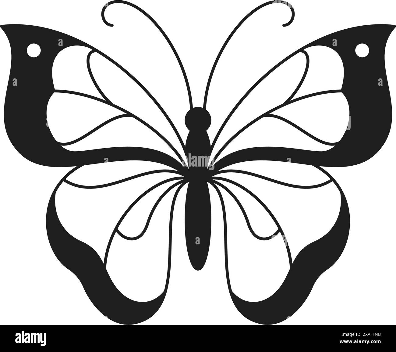 Y2K schöner Schmetterling mit ornamentalen Flügeln Sommer Insekt monochrome Linie Retro groovy Icon Vektor Illustration. Schönheit natürliche Zeichentrickfigur oder Stock Vektor