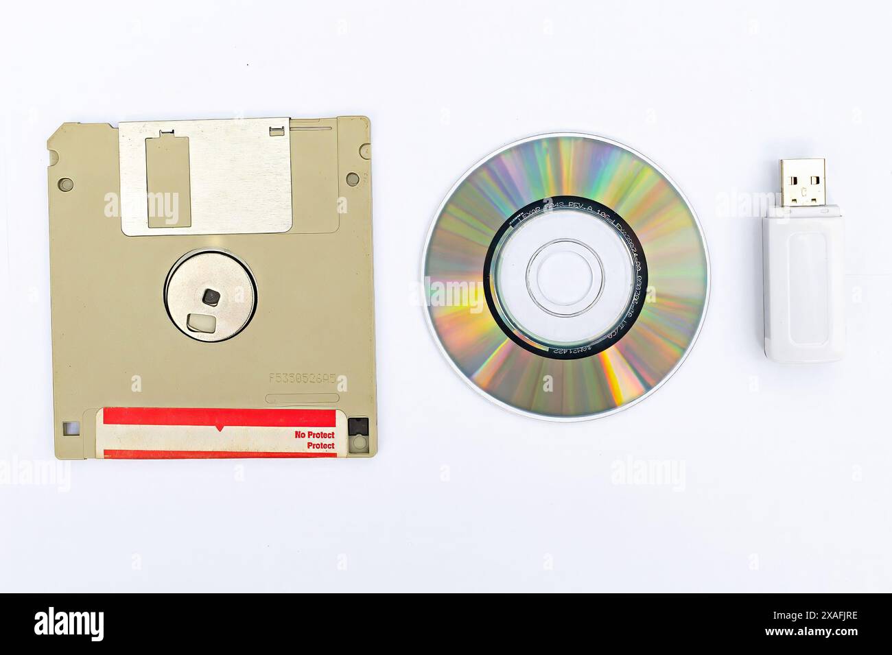 Vintage Retro elektronische Datenspeicherung, externer Speicher in der Computerorganisation, Geräte aus den 80er, 90er Jahren, cd-Disk, Flash-Laufwerke. Isoliert weiß Stockfoto