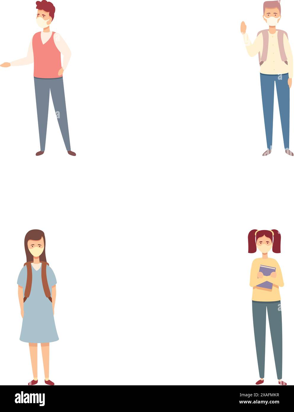 Illustration mit einer Sammlung von vier verschiedenen Zeichentrickfiguren, die jeweils eine einzigartige Haltung und Emotionen zeigen Stock Vektor