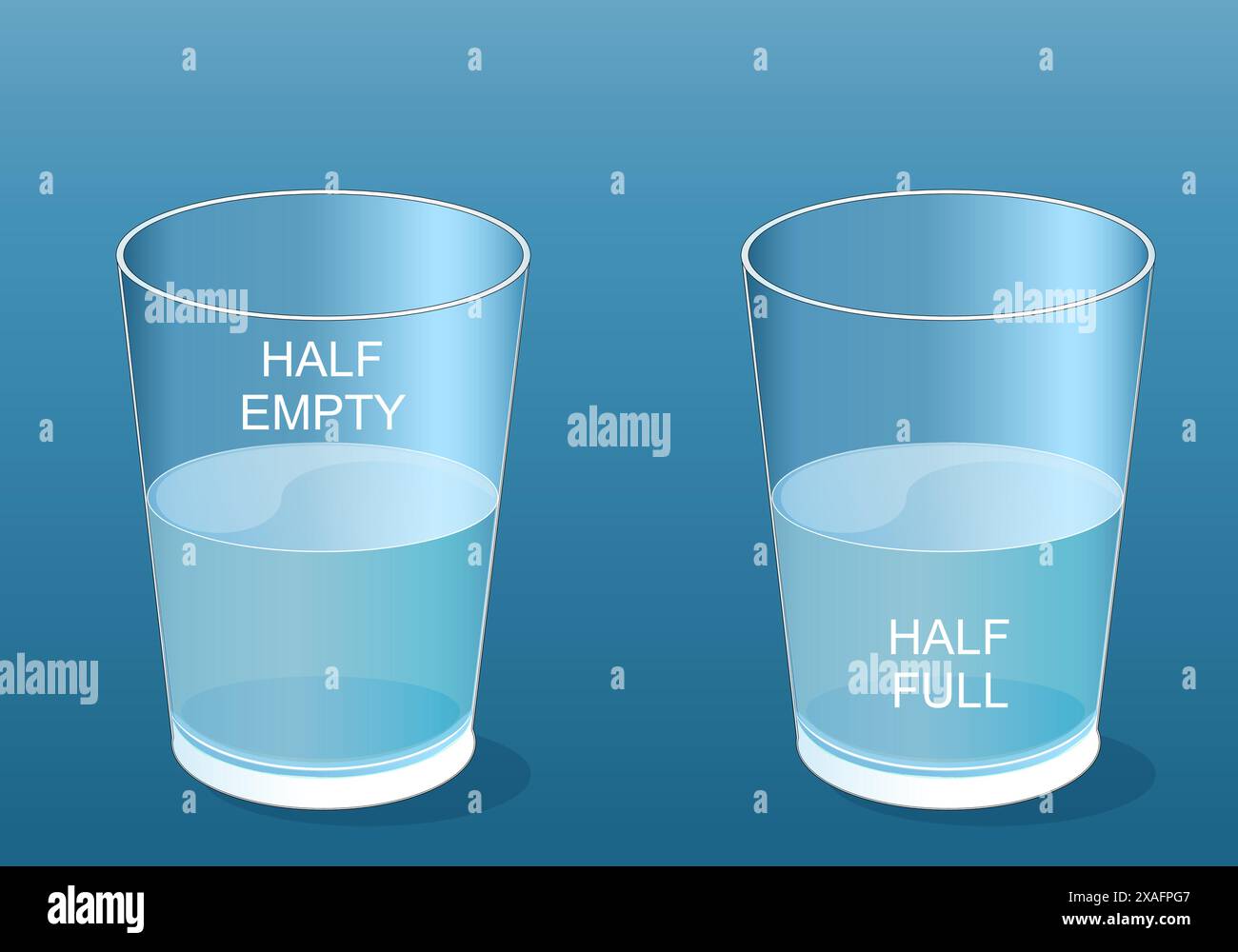 Zwei Gläser. Halb leer oder halb voll. Glas Wasser. Illustration des flachen Vektors. Stock Vektor