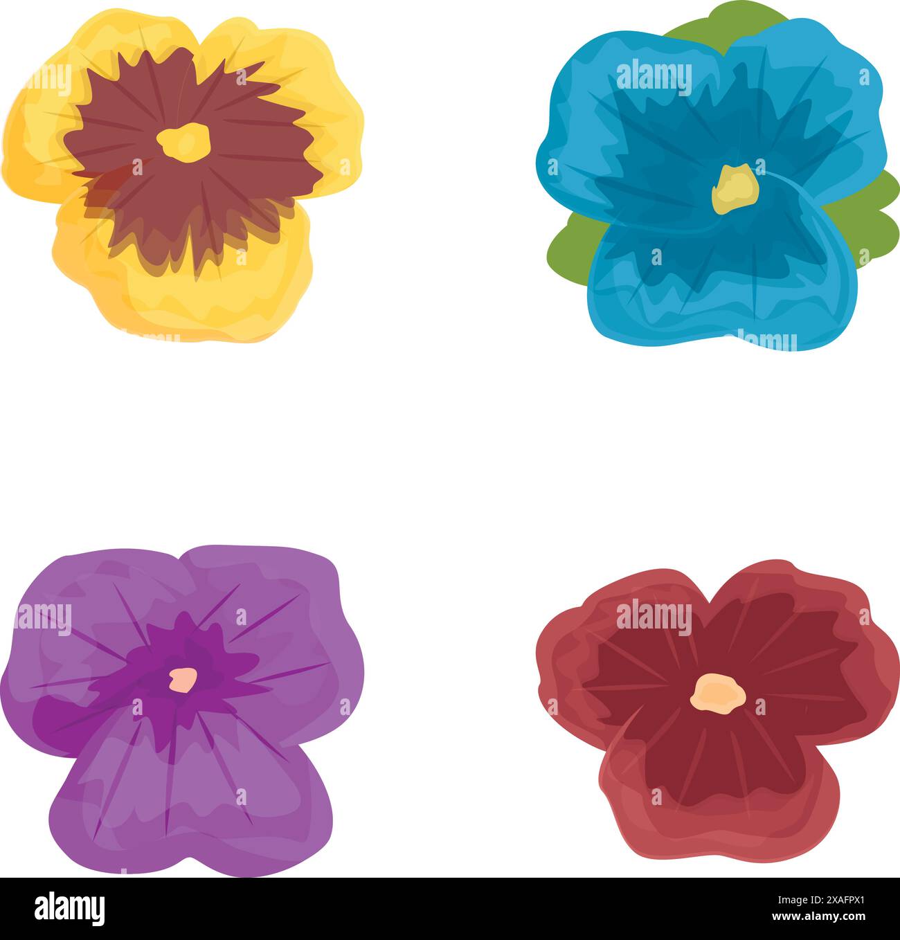 Illustration von vier lebendigen Blumen im Cartoonstil in verschiedenen Farben, isoliert auf weiß Stock Vektor