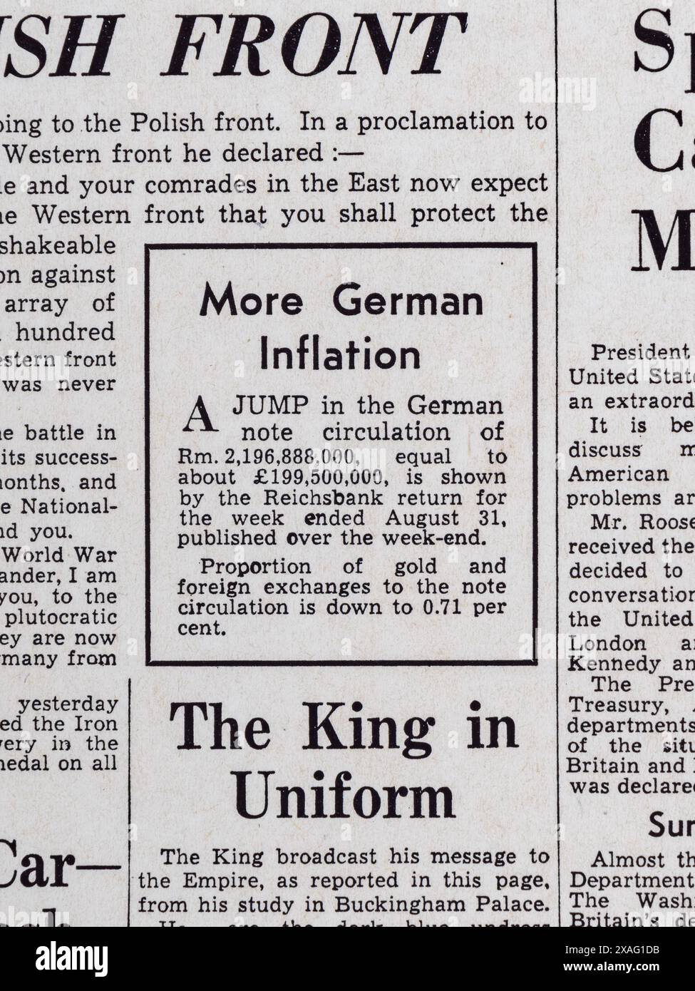 Schlagzeile „mehr deutsche Inflation“ in der Daily Mail (Replik) 4. September 1939, zum Ausbruch des Zweiten Weltkriegs. Stockfoto