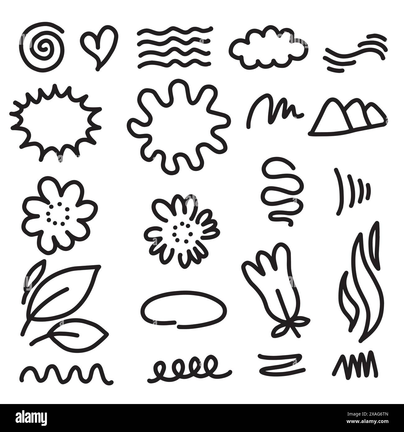 Handgezeichnete Sammlung von Designelementen auf weißem Hintergrund. Stock Vektor