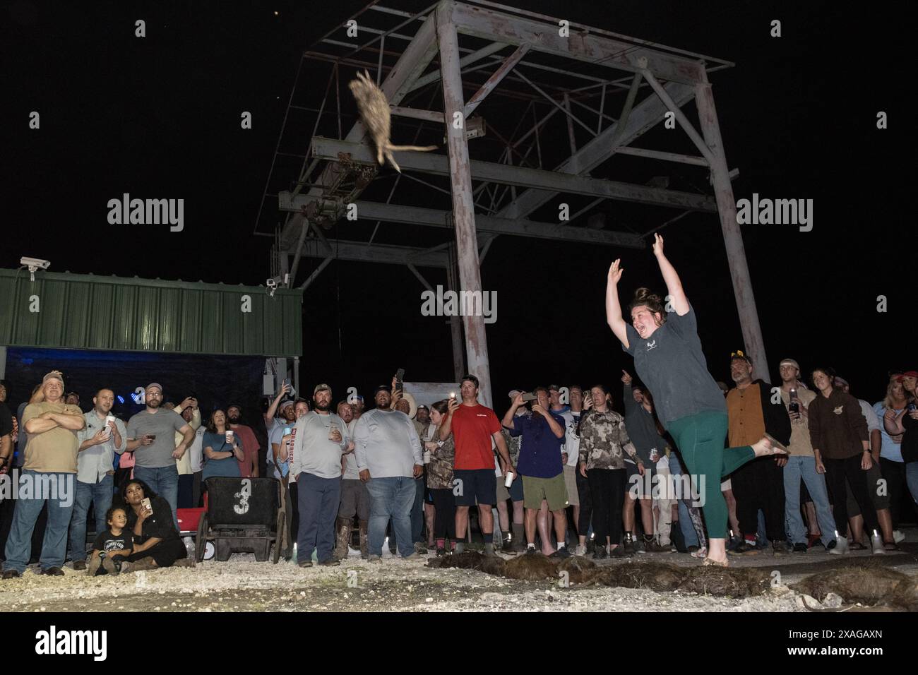 Der Teilnehmer schleudert beim jährlichen Nutria Rodeo in Louisiana einen toten Nutria Werf beim Wettbewerb „Nutria Werft“, bei dem die Jagd auf das invasive Nagetier gefördert wird. Stockfoto