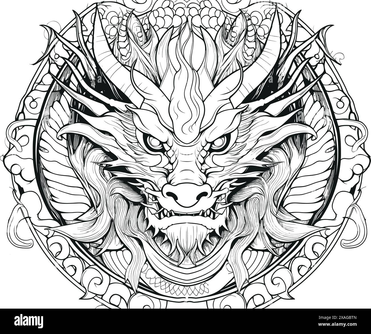 Eine einfache Zeichnung eines Drachen im Profil. Perfekt zum Färben oder Tätowieren. Chinesisches Thema Stock Vektor
