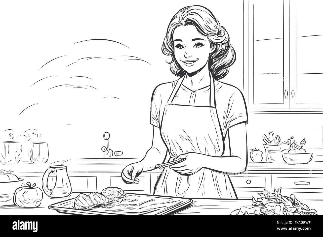 Handgezogene junge Frau, die in der Küche kocht. Eine lächelnde Figur mit Schürze. Doodle Sketch Style Illustration. Konzept von hausgemachtem Essen, Präpa Stock Vektor