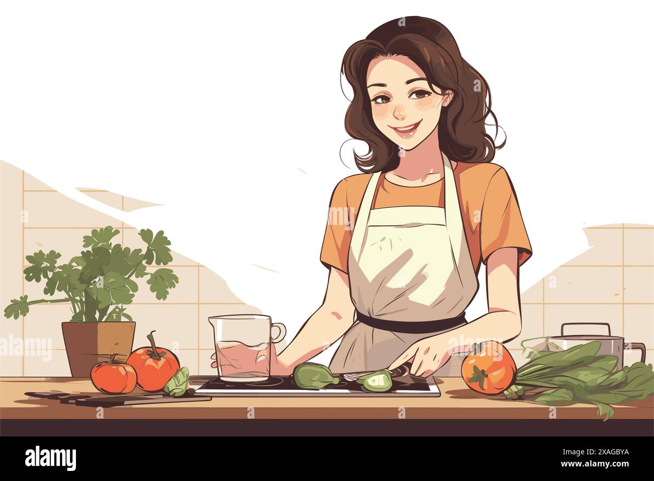 Handgezogene junge Frau, die in der Küche kocht. Eine lächelnde Figur mit Schürze. Doodle Sketch Style Illustration. Konzept von hausgemachtem Essen, Präpa Stock Vektor