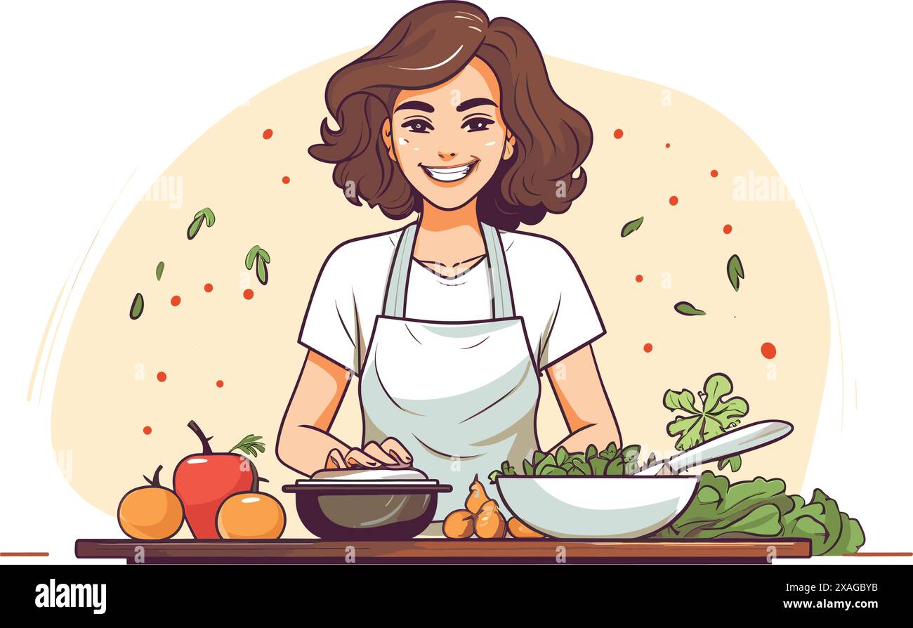 Handgezogene junge Frau, die in der Küche kocht. Eine lächelnde Figur mit Schürze. Doodle Sketch Style Illustration. Konzept von hausgemachtem Essen, Präpa Stock Vektor