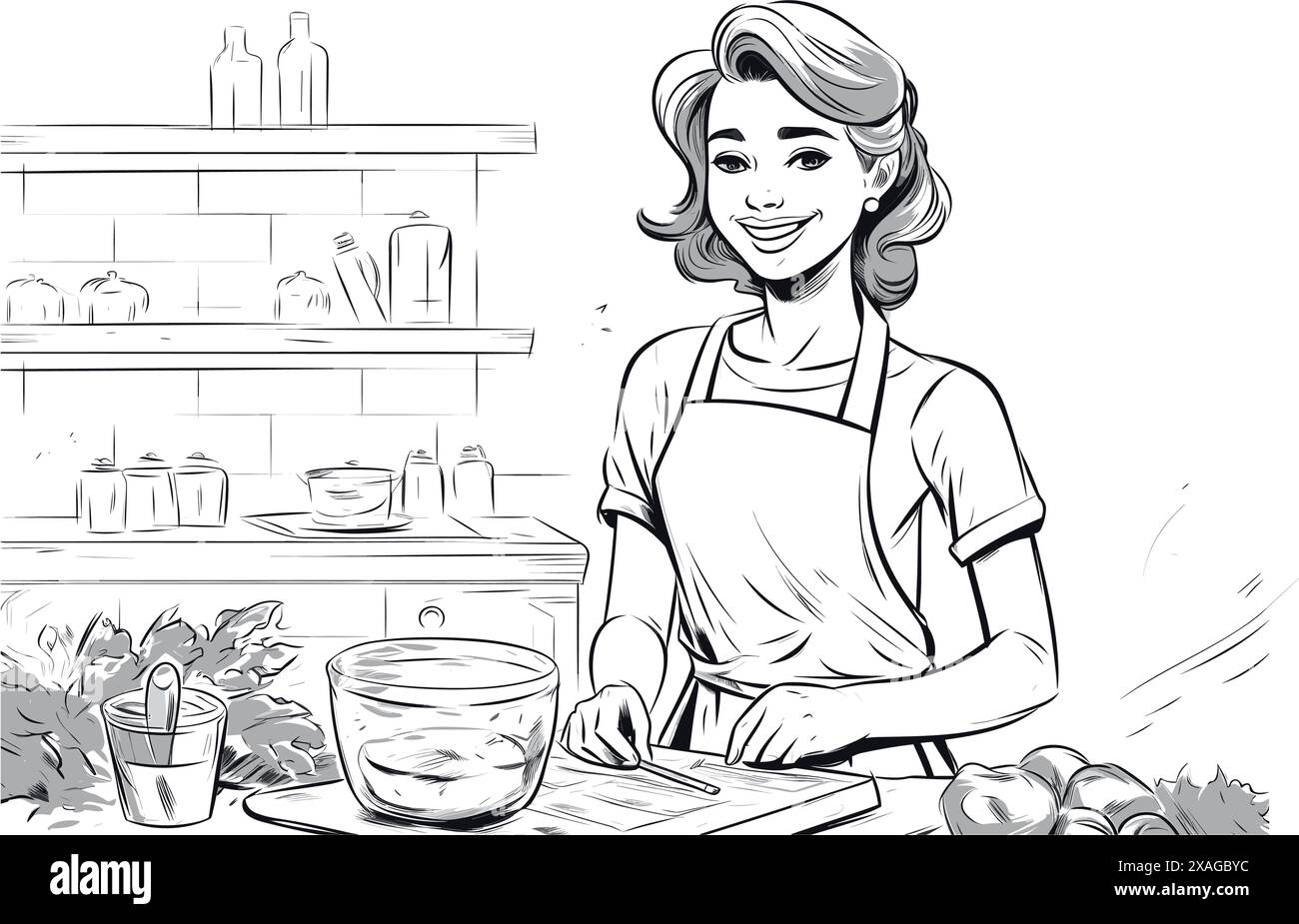 Handgezogene junge Frau, die in der Küche kocht. Eine lächelnde Figur mit Schürze. Doodle Sketch Style Illustration. Konzept von hausgemachtem Essen, Präpa Stock Vektor