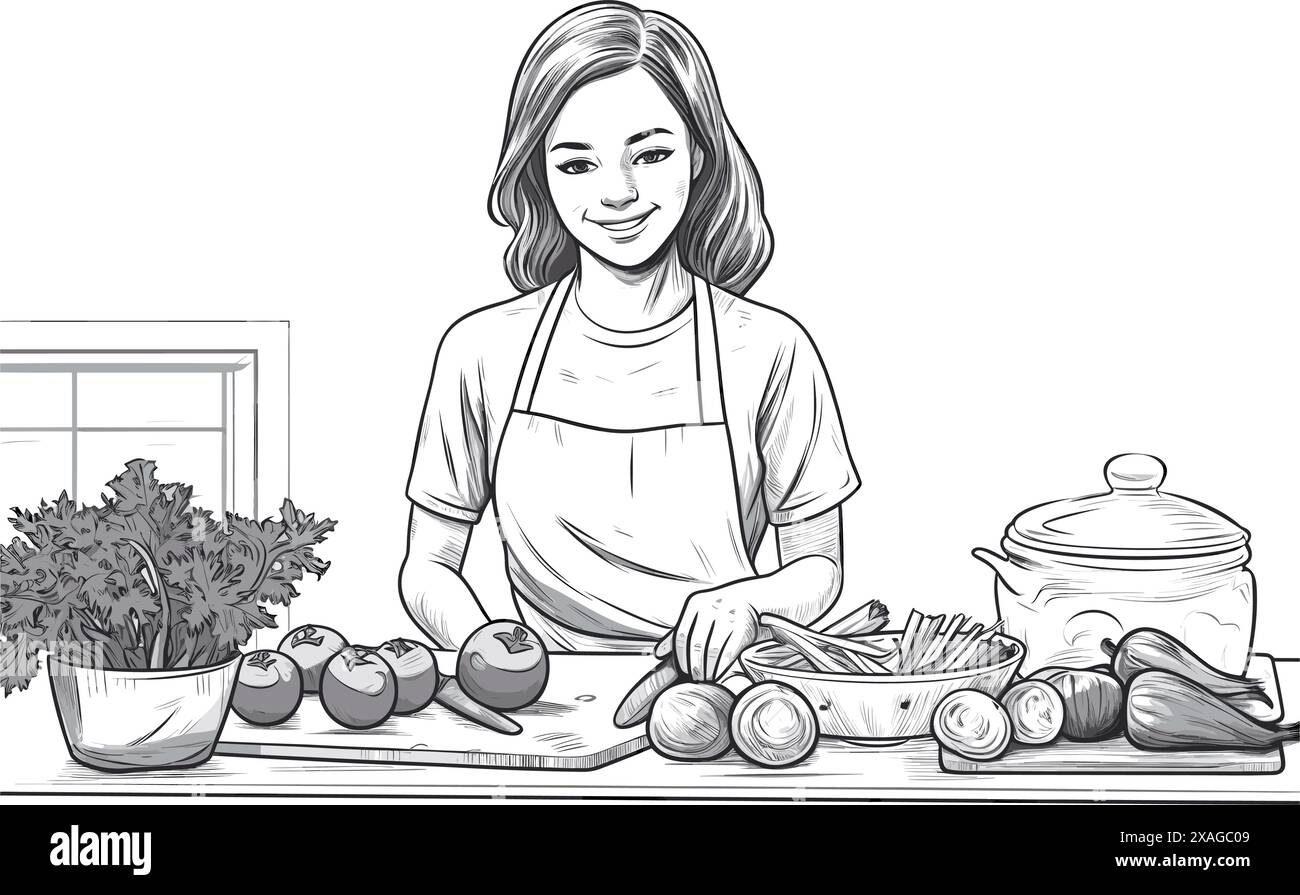 Handgezogene junge Frau, die in der Küche kocht. Eine lächelnde Figur mit Schürze. Doodle Sketch Style Illustration. Konzept von hausgemachtem Essen, Präpa Stock Vektor