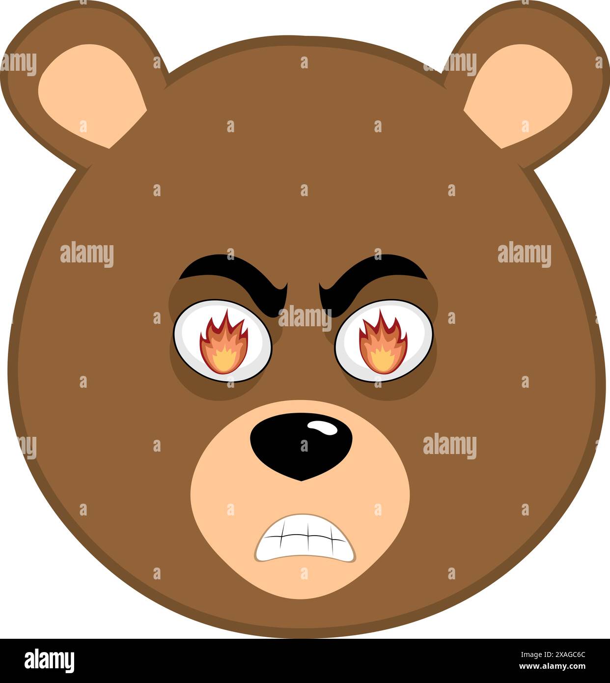 Vektor-Illustration Gesicht brauner Bär Grizzly Cartoon, mit einem wütenden Ausdruck und Feuer Flamme in seinen Augen Stock Vektor