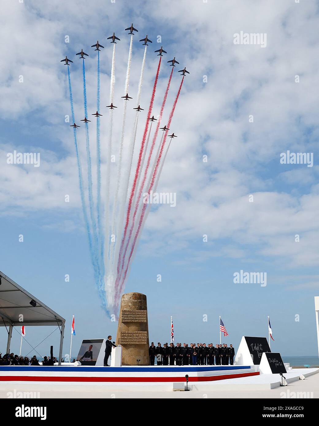 Während der Gedenkfeier des britischen Verteidigungsministeriums und der Royal British Legion am British Normandy Memorial zum 80. Jahrestag des D-Day am 06. Juni 2024 in Ver-Sur-Mer, Frankreich in der Normandie. Am 6. Juni 2024. Die D-Day-Zeremonien am 6. Juni dieses Jahres begehen den 80. Jahrestag seit dem Start der "Operation Overlord", einer gewaltigen Militäroperation der alliierten Streitkräfte in der Normandie. was den Zweiten Weltkrieg umkehrte und schließlich zur Befreiung des besetzten Frankreichs und zum Ende des Krieges gegen Nazi-Deutschland führte. Foto: Büro des französischen Premierministers/U Stockfoto