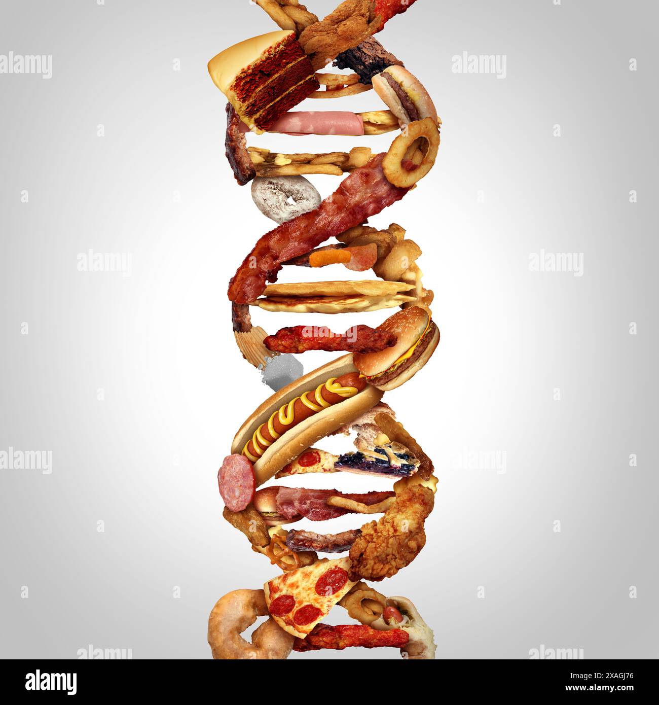 Junk Food DNA oder Junkfood Gen und FAT MASS and Adiposity Associated Gentics oder FTO als Fast-Food-Konzept mit einem genetischen Strang, der die Genetik repräsentiert Stockfoto