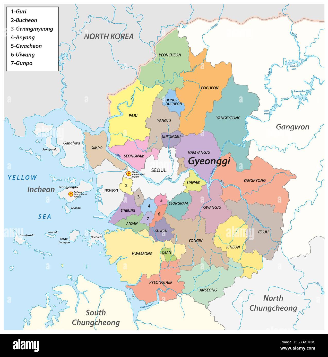 Verwaltungskarte der südkoreanischen Provinz Gyeonggi und der Hauptstadt Seoul Stockfoto