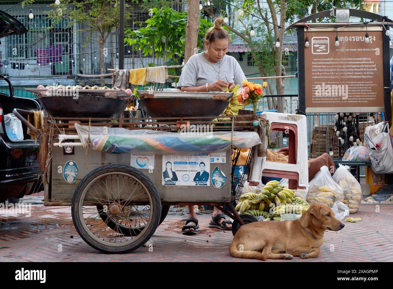 Straßenszene in Bangkok, Thailand, eine mobile Lebensmittelverkäuferin, die geröstete Bananen und Süßkartoffeln verkauft, während ihr Hund neben ihrem Futterwagen sitzt Stockfoto