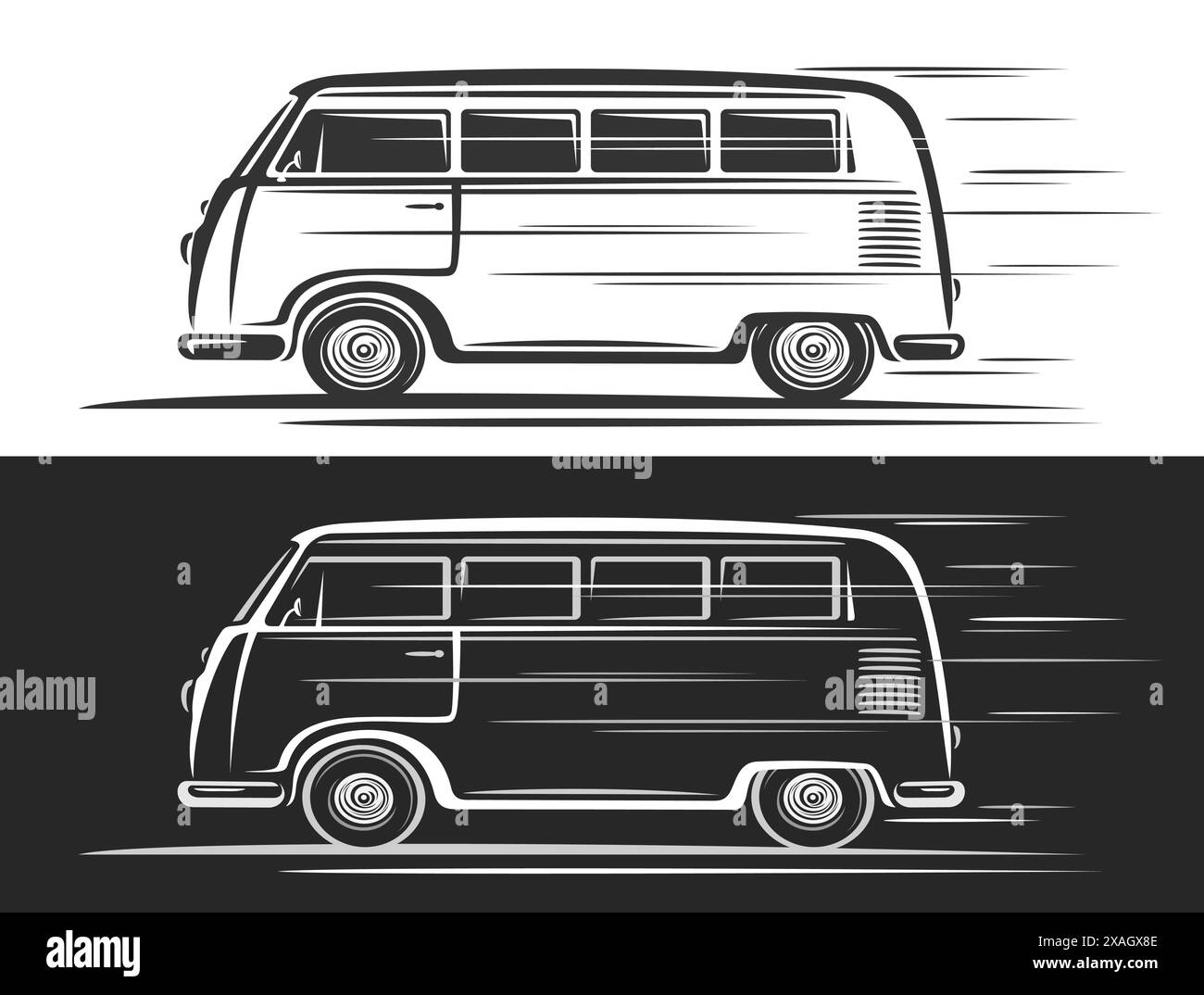 Vektor-Logo für Vintage-Minivan, horizontale Automobil-Banner mit einfacher Konturillustration von Line Clip Art monochrome Minivan in Bewegung, dekorieren Stock Vektor