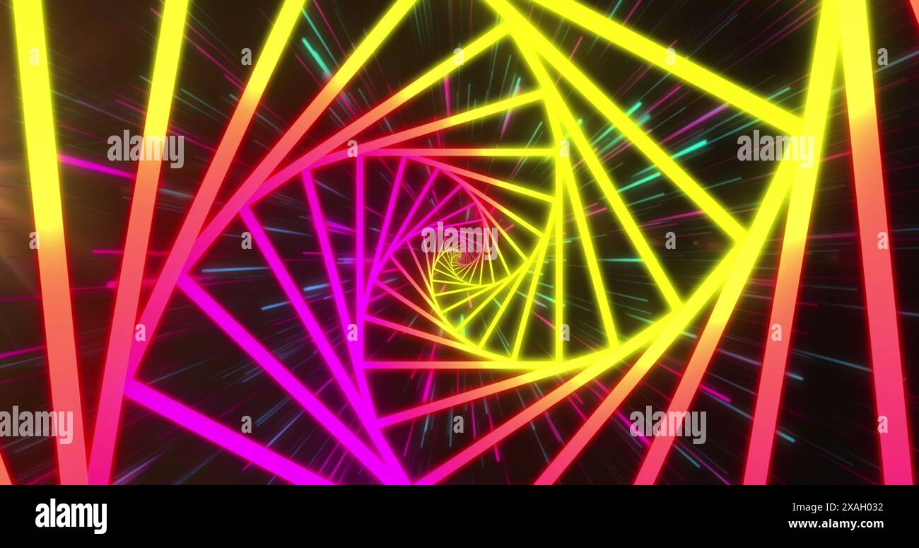 Bild des Neontunnels in nahtlosem Muster und lila und grüne Lichtspuren auf schwarzem Hintergrund Stockfoto