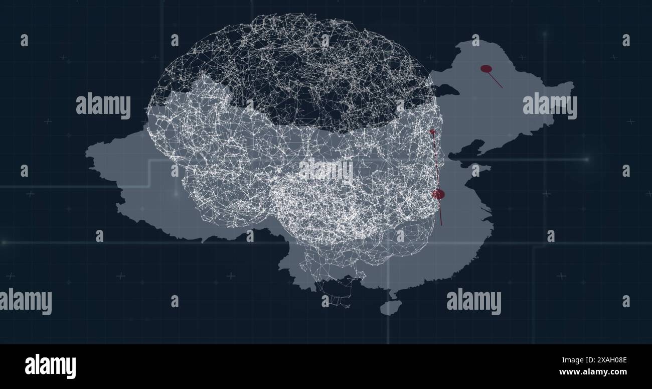 Menschliches Gehirn dreht sich über der Karte der usa und dem Netzwerk von Verbindungen auf blauem Hintergrund Stockfoto