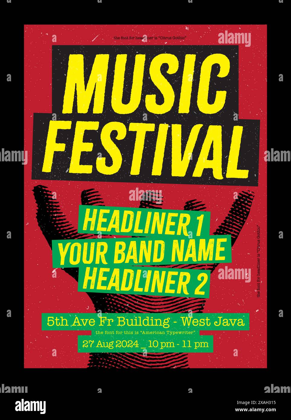 Musikfestival-Poster für Bandveranstaltungen oder Café-Marketing, Vektor mit Grunge und Papier Textur Hintergrund, editierbares Design mit Illustration Stock Vektor