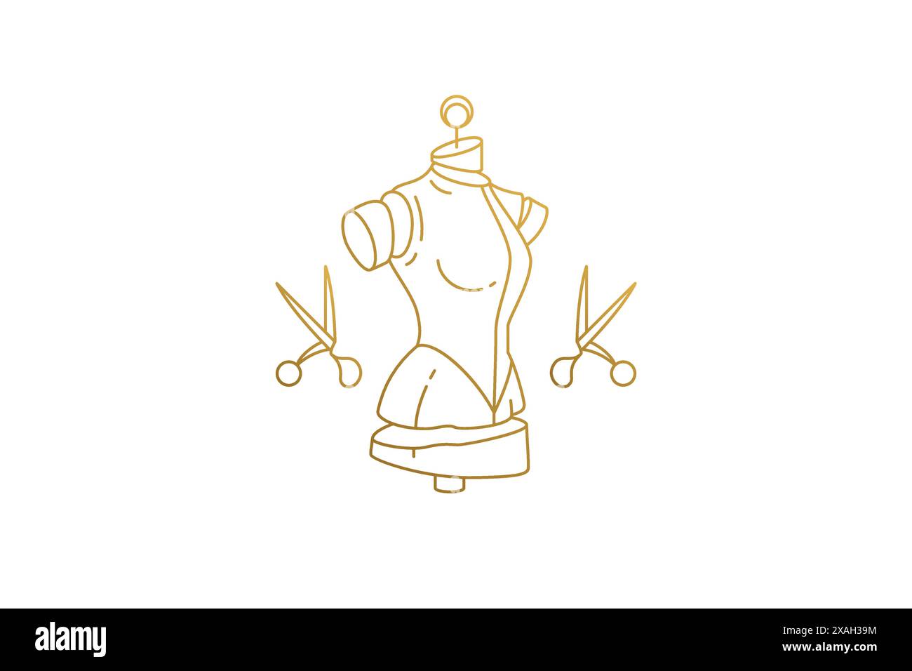 Schaufensterpuppe und Schere Silhouette lineare Vektor-Illustration. Goldene Kunstschere mit elegantem Dummy-Emblem für die professionelle Schneiderindustrie. Stock Vektor