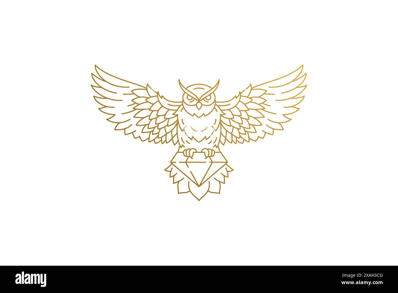 Fliegende Eule mit Diamant-Silhouette lineare Vektorillustration. Goldene wilde Eulen fliegen und Edelstein als Symbol für Weisheit und Wissen kreiert Stil. Stock Vektor