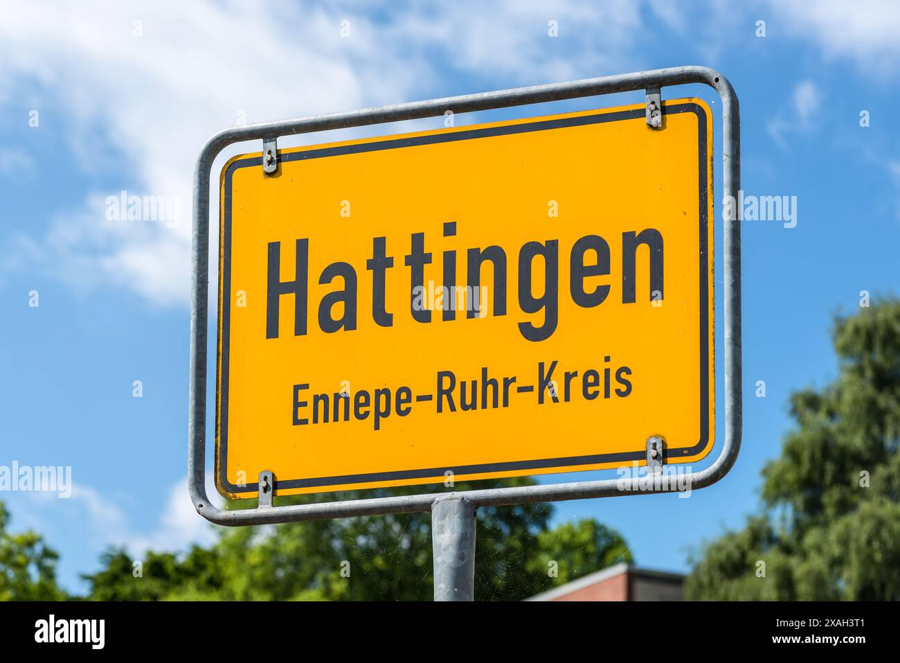 Straßenschild zur Ortsgrenze in Hattingen, Nordrhein-Westfalen, Deutschland. Stadtgrenze Willkommensschild. Stockfoto