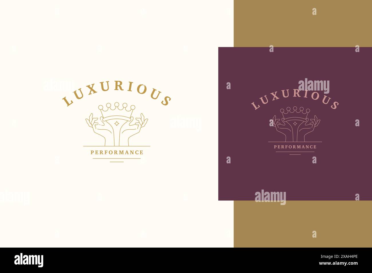 Einfache Vektorillustration der minimalen Umrisslogovorlage mit eleganten weiblichen Händen, die Luxuskrone halten, entworfen für teure Produktionsverpackungen Stock Vektor