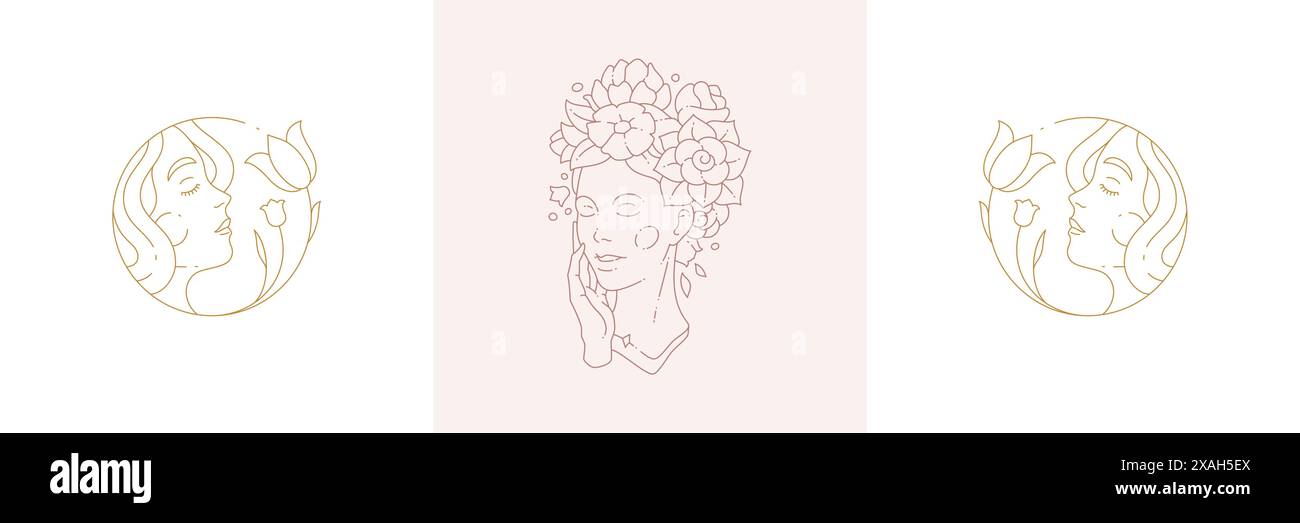 Magische Nymphen zärtliche weibliche Zauberinnen in Boho-linearen Stil Vektor-Illustrationen Set. Einfache Bohème-Embleme in goldenen Linien mit Schönheitsfrauenkopf Stock Vektor