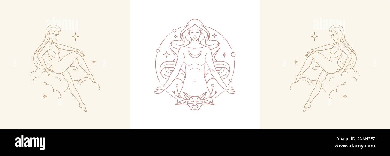 Magische weibliche Kreatur und Frau auf Wolke in Boho lineare Stil Vektor-Illustrationen Set. Böhmische Embleme in goldenen Linien mit Frauensymbolen für Mysti Stock Vektor