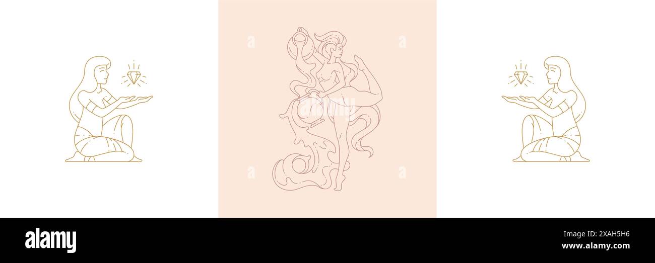 Magische antike Priesterin und weibliche aquarius in Boho-linearen Stil Vektor-Illustrationen Set. Einfache Bohème-Embleme in goldenen Linien mit Schönheitsfrauen Stock Vektor