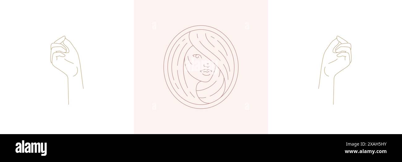 Magische Frau mit Frisur und betende weibliche Hände Gesten in Boho lineare Stil Vektor Illustrationen Set. Elegante Bohemian Embleme Line Art feminin Stock Vektor
