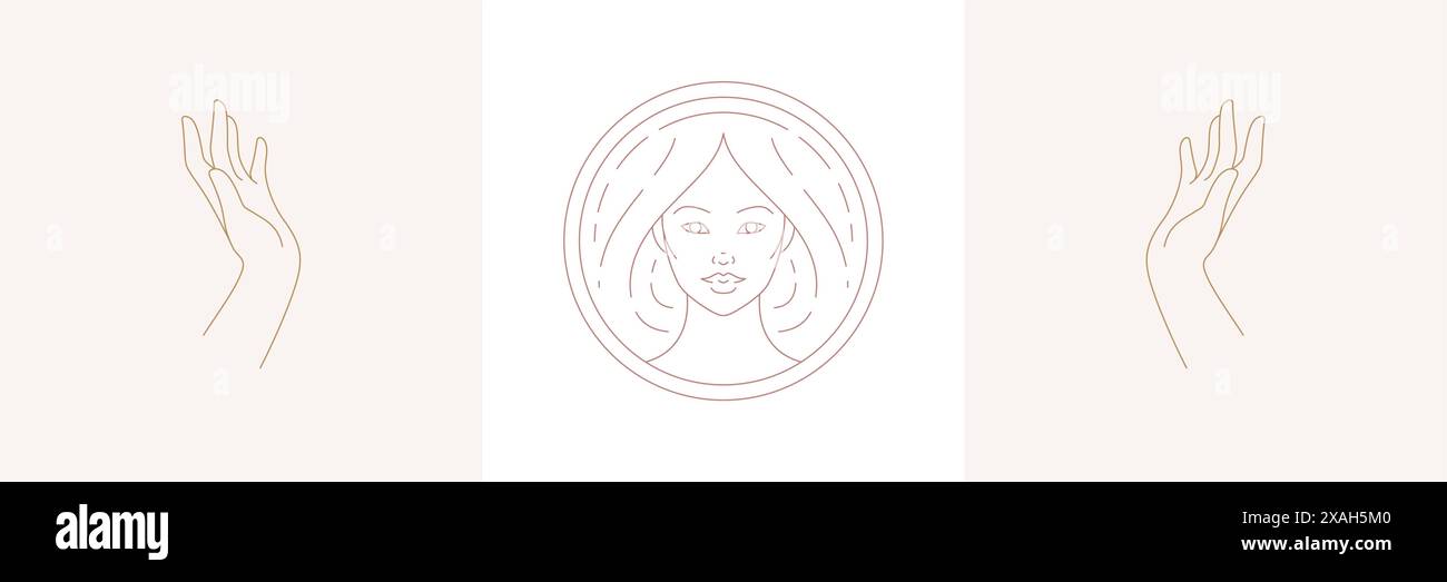 Magische Frau mit Frisur und betende weibliche Hände Gesten in Boho lineare Stil Vektor Illustrationen Set. Elegante Bohemian Embleme Line Art feminin Stock Vektor