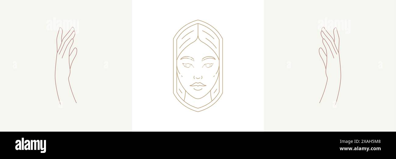 Magische Frau mit Frisur und betende weibliche Hände Gesten in Boho lineare Stil Vektor Illustrationen Set. Elegante Bohemian Embleme Line Art feminin Stock Vektor