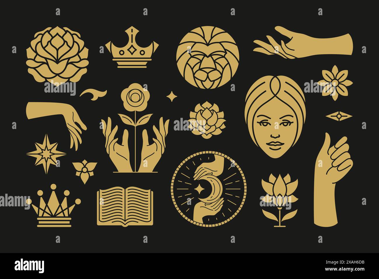 Magische und mystische Vektor-Design-Elemente mit weiblichen Handgesten. Handgezeichnete Silhouetten, Sammlung spiritueller Aufkleber. Hexensymbole für Stock Vektor