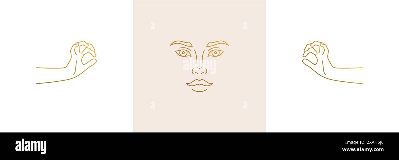 Vektorlinie feminine Dekoration Design Elemente Set - weibliches Gesicht und Gesten Hände Illustrationen minimalen linearen Stil. Sammlung mystische Umrisse gr Stock Vektor