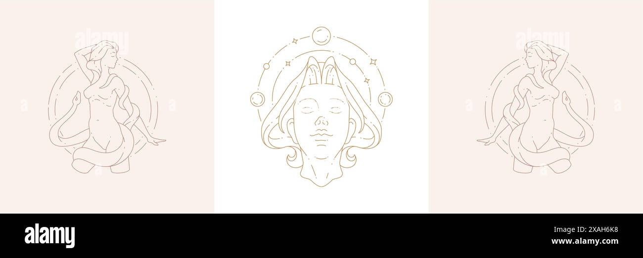 Magische weibliche Natur Zauberin und Schlange in Boho linearen Stil Vektor Illustrationen Set. Böhmische Embleme in goldenen Linien mit träumender Frauengöttin Stock Vektor