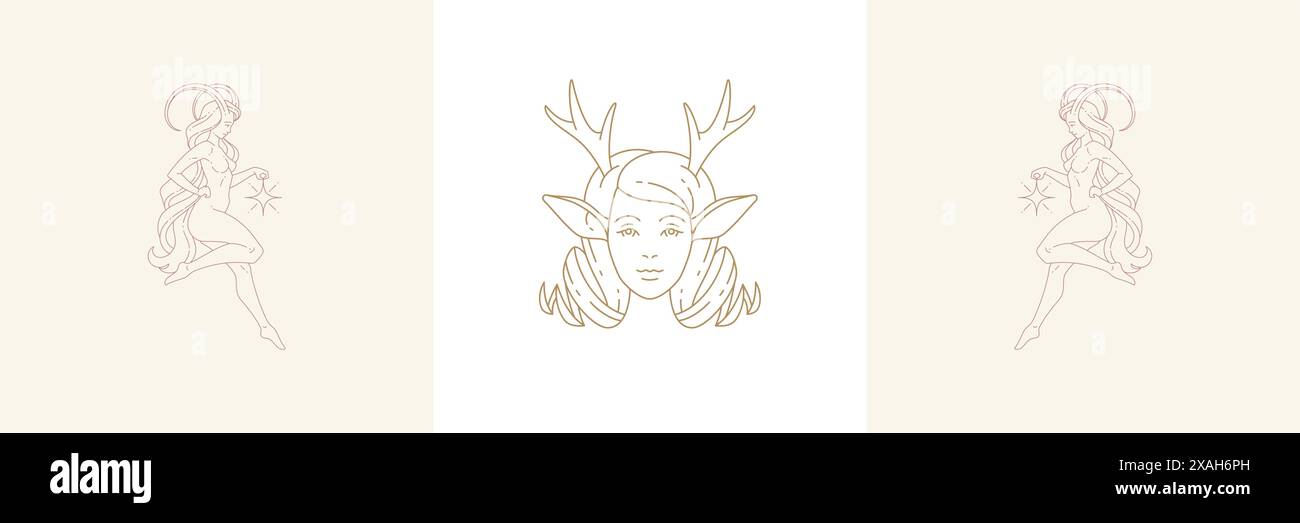 Weiblicher Faun Kopf mit Geweih und weiblicher steinbock in Boho lineare Stil Vektor Illustrationen Set. Schlichte Bohème-Embleme in goldenen Linien mit feminin Stock Vektor