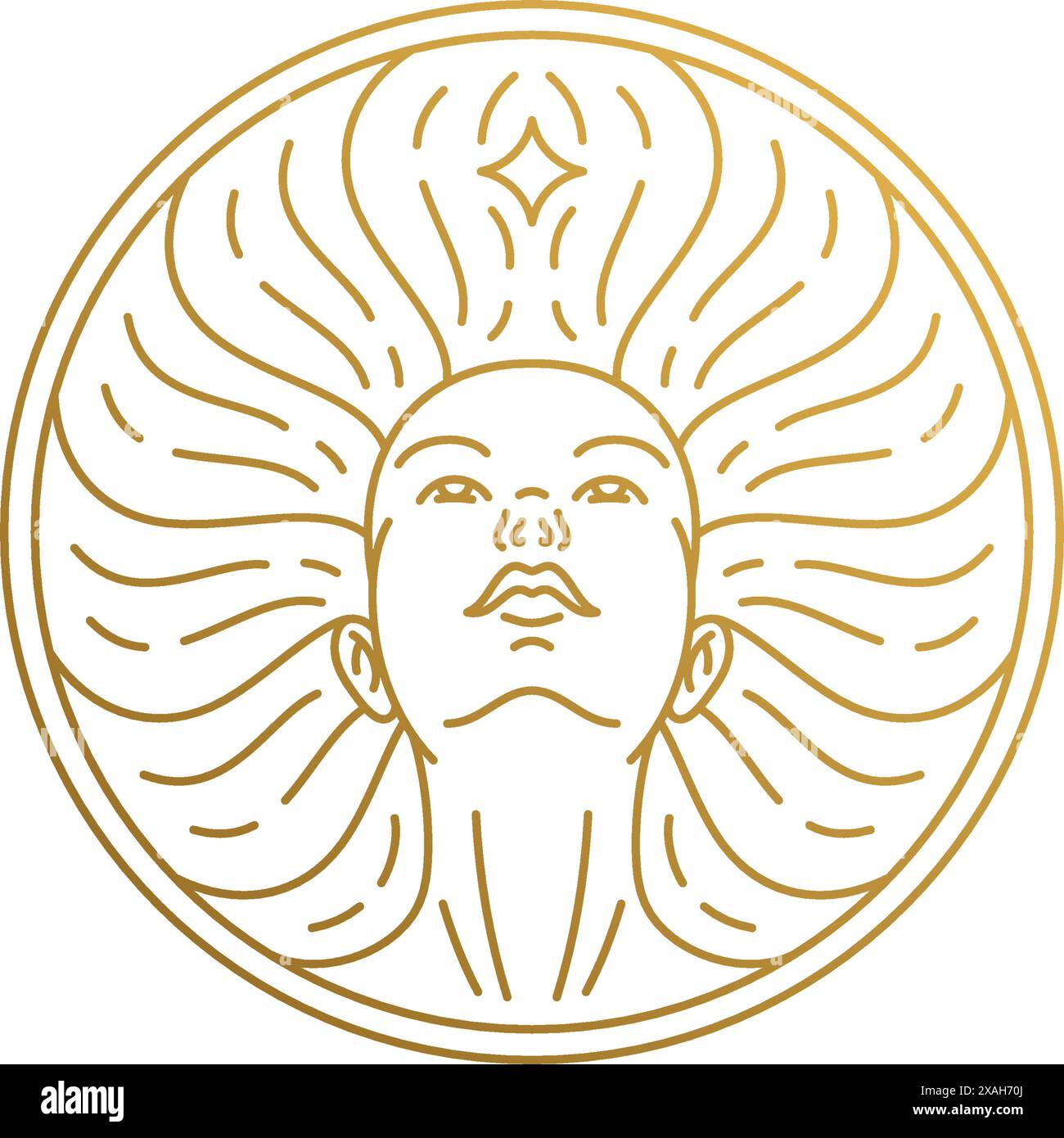 Einfache Vektorillustration der linearen Stil Emblem Vorlage mit Kopf der schönen Frau im runden Rahmen Hand gezeichnet mit goldenen Linien Stock Vektor