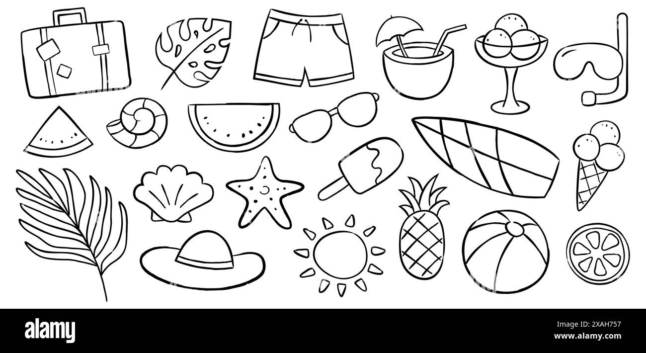 Sommer-Icon-Doodle-Set auf weißem Hintergrund. Handgezeichnete Symbole und Objekte im Sommer. Stock Vektor