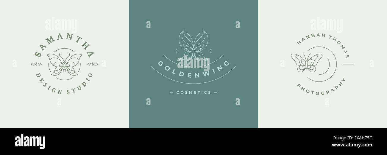 Schmetterling mit schönen Flügeln Logos Vorlagen Set lineare Vektor Illustration. Emblems-Design für kosmetisches Logo oder feminine Markenlinie. Stock Vektor