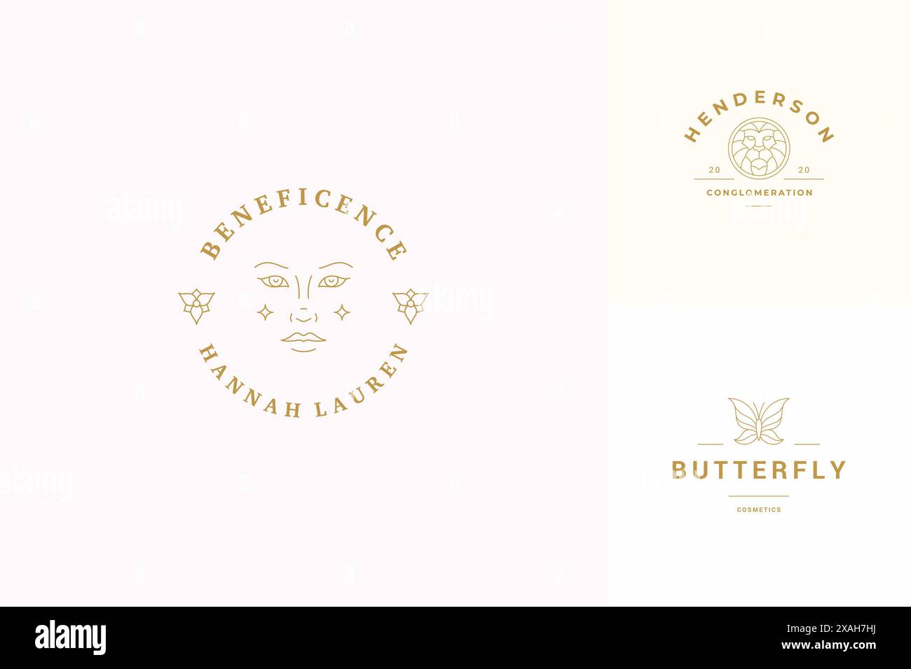 Vektorlinie Logos Embleme Design Vorlagen Set - weibliches Gesicht und Schmetterling Illustrationen einfache minimalen linearen Stil. Konturgrafien für Make-up-Kunst Stock Vektor