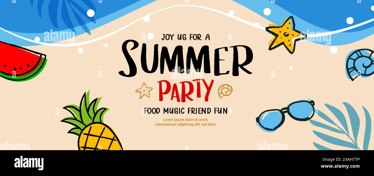 Sommer Party Banner Poster mit Doodle Element auf Strand Hintergrund. Stock Vektor