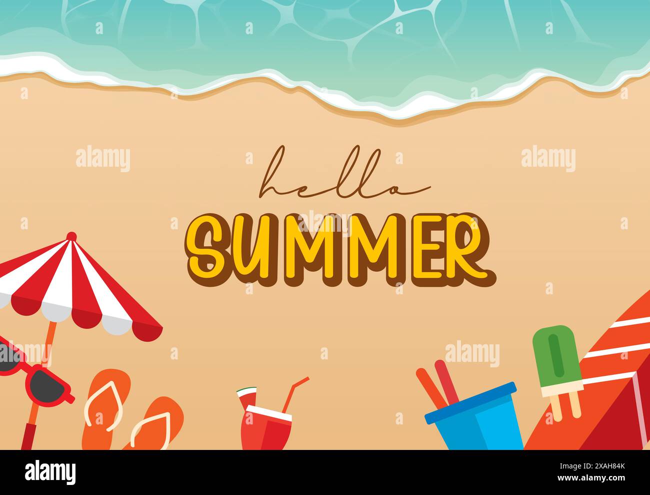 Hello Summer Beach Banner Design. Sommer mit Objekten Elemente Hintergrund. Stock Vektor