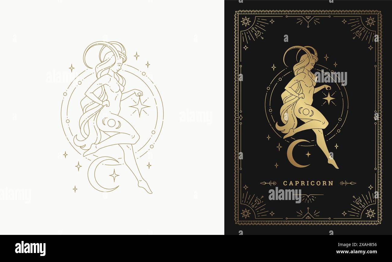 Zodiac steinbock Mädchen Charakter Horoskop Zeichen Linie Kunst Silhouette Design Vektor Illustration. Schöne Frau als steinbock goldenes Symbol mit Rahmen f Stock Vektor